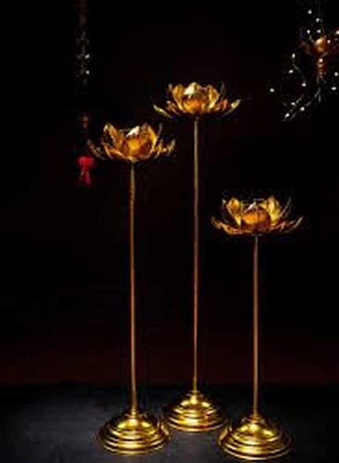 Agaas Enterprises Golden Metal Long Lotus Shape Tea Light Candle Holder Stand - Elegant Decorative Tea Light Holder for Home Or Special Occasions, Perfect for Weddings, Parties Set of 3 Diwali Pooja - Image 2